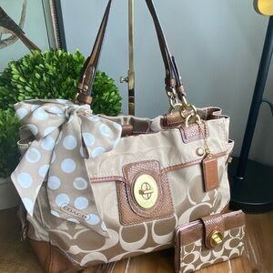 Coach Beige and Brown Signature Canvas Satchel.